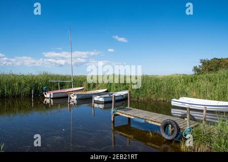 Kleine Boote in einem natürlichen Hafen auf der Halbinsel Ulvshale Insel Moen in Dänemark an einem Sommertag Stockfoto