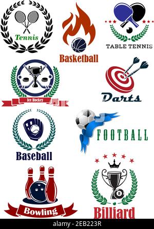 Satz von Sportturnieremblemen und Abzeichen einschließlich Tennis, Basketball, Tischtennis, Eishockey, Darts, Baseball, Fußball, Bowling und Billard Stock Vektor