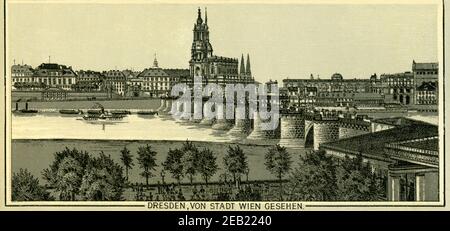 Europa, Deutschland, Sachsen, Dresden, Blick über die Elbe von der Gaststätte Stadt Wien auf Dresden, Lithografie aus dem Leporello : ' Dresden ' , eventuell herausgegeben vom Kunstverlag Max Köhler, um 1890 ? / Europa, Deutschland, Sachsen, Dresden, Stadtansicht von Dresden, vom Restaurant 'Stadt Wien' über die Elbe, Lithographie aus dem Leporello 'Dresden', möglicherweise herausgegeben vom Kunstverlag Max Köhler, um 1890th ? . Stockfoto