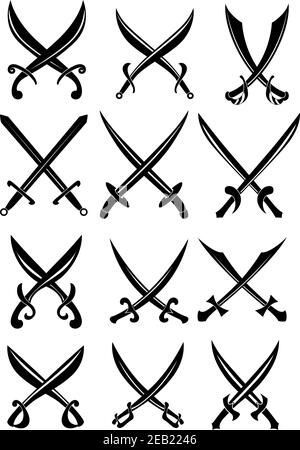 Schwarze Piraten gekreuzte Schwerter und Säbel mit verschiedenen Formen von Klingen, für heraldry Design Stock Vektor