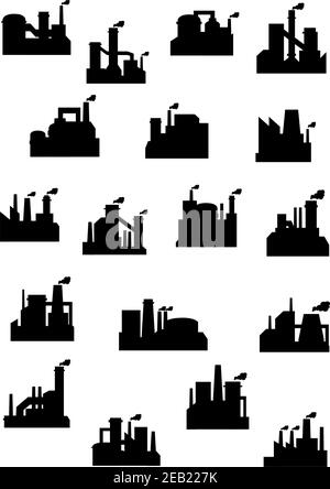 Industriefabriken und Raffinerien Icon Set mit schwarzen Silhouetten von Installationen mit Schornsteinen, die verschmutzenden Rauch aufstoßen Stock Vektor