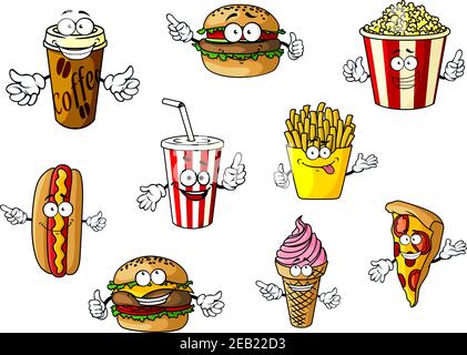 Bunte Cartoon Fast Food und Takeaways Charaktere mit Hot Dog, Kaffee, Burger, Popcorn, Limonade, Pommes frites, Cheeseburger, Eis und Pizza, vect Stock Vektor