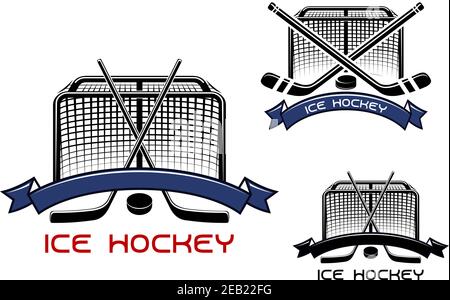 Eishockey-Spiel Sport Symbole oder Embleme mit gekreuzten Hockeyschläger, Puck, Tore und Bänder Stock Vektor