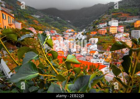 Riomaggiore, Ligurien Italien. Traditionelle typisch italienische Dorf im Nationalpark Cinque Terre, bunte bunten Gebäuden Häuser auf den Bergen Stockfoto