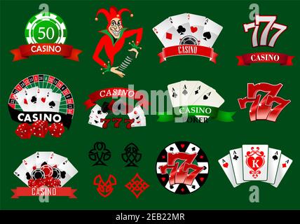 Set von bunten Casino-Symbole und Embleme mit Spielkarten, Joker, Token, 777 Glückszahl und sortierte Banner, Vektor-Illustration Stock Vektor