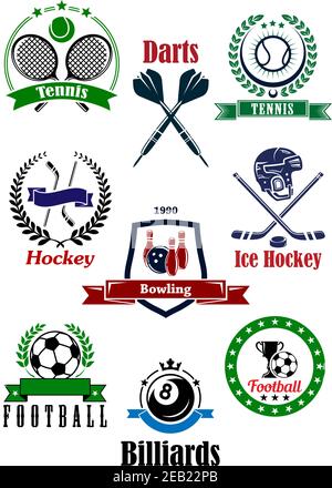 Logo und Embleme für verschiedene Spiele mit Betonung auf Tennis, Darts, Eishockey, Bowling, Fußball und Billard Stock Vektor