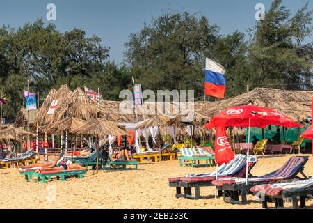 Ed CALANGUTE, GOA, INDIEN 3. JANUAR 2019: Schöner Strand mit Liegestühlen und Sonnenschirmen, russische Touristen bräunen, russische Flagge auf indischem Resort Stockfoto