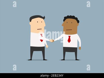 Cartoon Geschäftsleute verschiedener Ethnien Hände schütteln als Symbol Freundschaft und Partnerschaft Stock Vektor