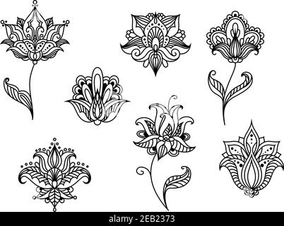 Luftig durchbrochene schwarze florale Design-Elemente im persischen Stil darstellen Abstrakte Paisley-Blüten mit spitzen und abgerundeten Blütenblättern, die gewellt verziert sind Zeilen ein Stock Vektor