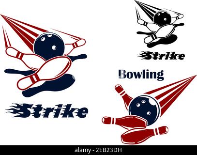 Bowling und Strike Logo oder Embleme Design-Vorlagen zeigen Bowling Bälle in Pins auf einer Bahn in rot, blau, schwarz und weiß Farben krachen Stock Vektor