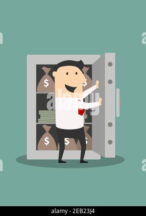 Glücklich lächelnder Geschäftsmann, der die schwere Tür des Metalltresors mit Geldbeuteln und Dollarstapeln im Cartoon-flachen Stil öffnet, für Sicherheit oder Sicherheit con Stock Vektor
