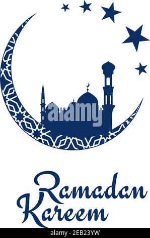 Ramadan Mubarak Grußkarte Design Vorlage Darstellung islamische Moschee mit Sterne blaue Silhouetten stehen auf weißem Halbmond dekoriert arabisch Oder Stock Vektor