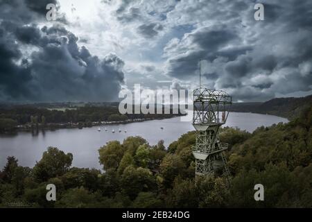 Luftaufnahme auf dem Förderturm von Zeche Carl in Heisingen im Ruhrgebiet Stockfoto