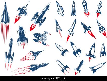 Weltraumraketenschiffe und Militärraketen im Cartoon-Stil Auf weißem Hintergrund Stock Vektor