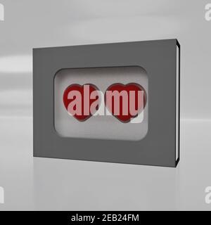 Paar von 3D roten Herzen als Geschenk verpackt, 3D Rendering Stockfoto