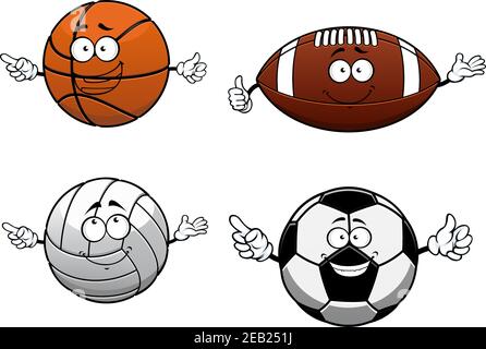 Cartooned Sport Basketball, Fußball, Volleyball und Rugby Bälle isoliert auf weißem Hintergrund für Maskottchen-Design Stock Vektor