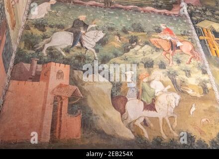 TRIENT, ITALIEN - 1. JUNI 2019: Nahaufnahme des Monats september Tafel des Zyklus der Monate Fresko, im Adlerturm auf schloss buonconsiglio Stockfoto