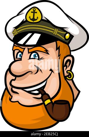 Happy Cartoon Schiff Kapitän oder Seemann Charakter mit einem roten Bart und blaue Augen tragen seine Mütze und rauchen ein Rohr Stock Vektor