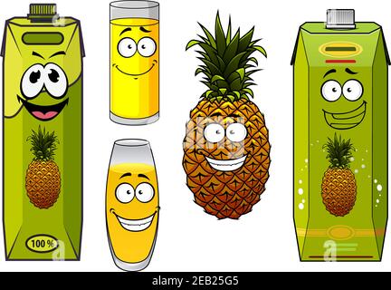 Lustige Cartoon Ananas Obst und Säfte in Behältern mit glücklich Gesicht auf weißem Hintergrund isoliert Stock Vektor