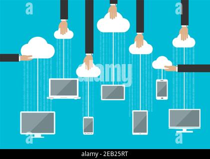 Menschliche Hände hält weiße Wolken mit hängenden elektronischen Geräten für Design des Cloud-Service-Konzepts Stock Vektor