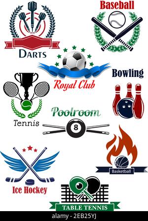Sportliche Embleme Vorlagen für Darts, Baseball, Fußball oder Fußball, Bowling, Tennis, Billard, Eishockey, Basketball und Tischtennis mit Spiel equi Stock Vektor