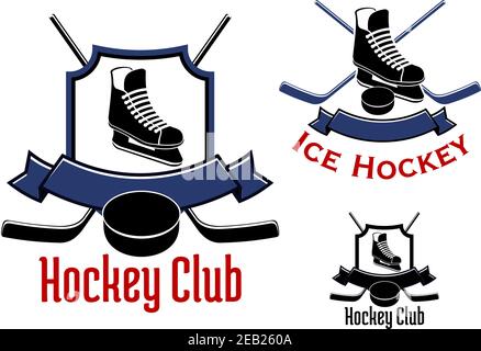 Eishockey Sport und Club Label oder Logo mit gekreuzten Hockeyschläger, Puck und Skate Stock Vektor