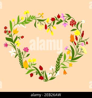 Florales herzförmiges Rahmendesign mit Frühlingsblumen Kranz verwoben mit sanften Lilien des Tales, Gänseblümchen, Rosen und blühenden Kräutern im Dunkeln Stock Vektor