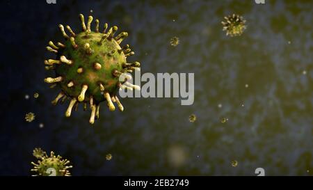 3D Illustration Grippe Coronavirus schwimmend in Flüssigkeit mikroskopische Ansicht, ein Erreger, der die Atemwege angreift. Pandemie von Covid19 Virusinfektion Stockfoto