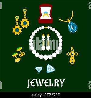 Flacher Luxus Gold, Diamant, Perle und Saphir Schmuck isoliert auf Hintergrund Stock Vektor