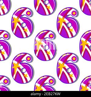 Festliche Deko Nummer sechs Nahtloses Muster mit einer violetten Zahl mit Linien und Sternen im Wiederholmotiv, quadratisches Format Stock Vektor