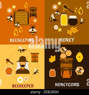 Design der Honig- und Bienenzuchtindustrie mit Imker, Imkerikonen wie fliegende Bienen, Bienenstöcke und Rahmen, Waben, Honiggläser mit Dippern und Stock Vektor