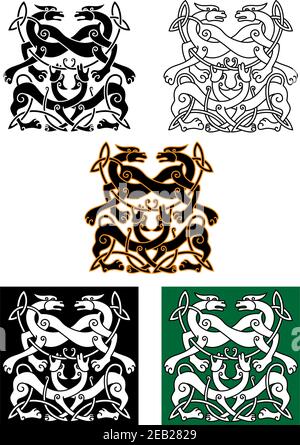 Keltische mythische Hunde- und Wölfe-Ornamente im Tribal-Stil, für religiöse, Tattoo- oder Kulturdesign Stock Vektor