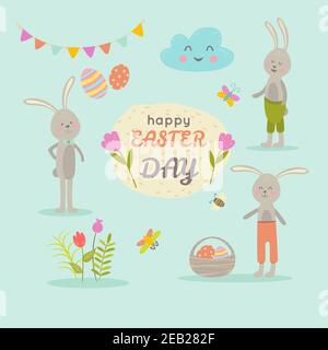 Set von niedlichen Ostern Comic-Figuren und Design-Elemente Hase, Schmetterlinge, Eier und Blumen. Vektorgrafik. Stock Vektor