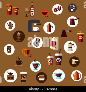Flache Kaffeesymbole mit Kaffeetassen zum Mitnehmen, Bohnen, Kaffeekannen, Kaffeemühle, Cappuccino, Espresso, Perkolator und Kaffeemaschine Stock Vektor