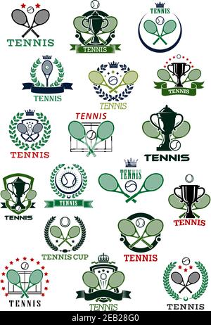 Tennis Wappen mit Kugeln, Schläger, Trophäenbecher, umrandet von Plätzen, Schilde, Kränze und Bändchen mit dekorativen Elementen Stock Vektor