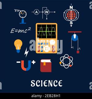 Science flache Symbole mit Symbolen der Physik wie Magnet, elektrische Energie, Atom-Modell, Erde Magnetfeld, Buch, Formeln, Schemata und Werkzeuge. Fo Stock Vektor