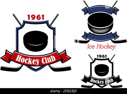 Eishockey-Club Embleme oder Abzeichen einschließlich Hockey Pucks, gekreuzte Sticks, Wappentier mit Datum Fundament und Band Banner Stock Vektor