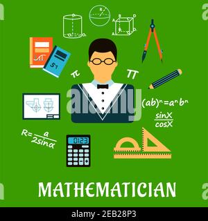 Mathematiker Beruf Konzept mit Lehrer in Gläsern umgeben von Formeln, Rechner, Lineale, Kompasse, Bleistift, Lehrbücher, Zeichnung und geometri Stock Vektor