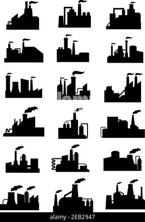 Industriegebäude schwarze Silhouetten mit Lagertanks und Rohrleitungen isoliert Auf weißem Hintergrund für Schwerindustrie oder Ökologie Design Stock Vektor