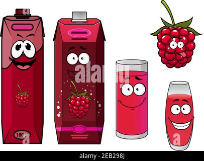 Gesunde natürliche Himbeer Saft Cartoon-Figuren mit fröhlichen Himbeeren, roten Pappsaftpacks und gefüllten Gläsern für natürliches Getränke-Design Stock Vektor