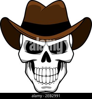 Gruselige Cowboy Totenkopf Figur mit klassischem braunen Filzhut im Cartoon Stil für Tattoo, halloween Party oder T-Shirt Design Stock Vektor