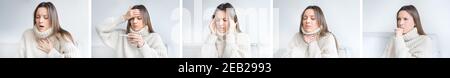 Junge kranke Frau mit Symptomen einer Infektion, Atemnot, Fieber, Kopfschmerzen, Halsschmerzen und Husten. Covid 19 Symptome Stockfoto