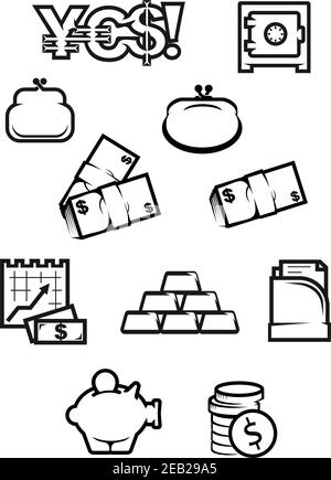 Geld und Finanzen Symbole in Umriss-Stil mit Währungszeichen, Safe, Geldbörsen, Dollar-Banknoten, Bericht mit wachsendem Gewinn, Goldbarren, Dokumente, Piggy Stock Vektor