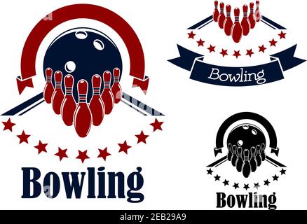 Bowlingabzeichen oder Embleme in blauen und roten Farben mit Bowlingbahnen, Ninepins und Kugeln mit Sternen Halbkreise und Band Banner geschmückt Stock Vektor