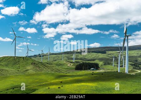Windpark an einem schönen, leicht bewölkten Tag mit einer Wiese und umgeben von Ackerland. Stockfoto
