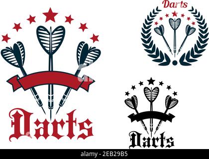 Darts Spiel Sport Embleme und Symbole im Retro-Stil. Darts Pfeile mit gestreiften Befiederung eingerahmt von Lorbeerkranz, Band Banner und Sterne Stock Vektor