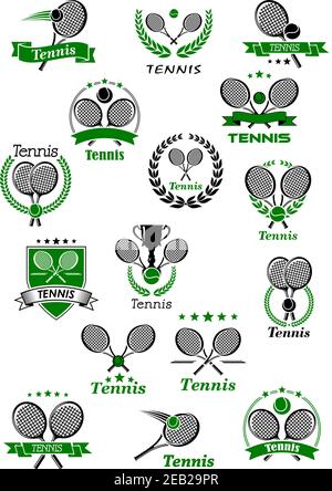 Tennisclub oder Turniercup Embleme mit Bällen, gekreuzten Schlägern und Pokal geschmückt mit Wappschild, Lorbeerkränze, Band Banner und Stern Stock Vektor