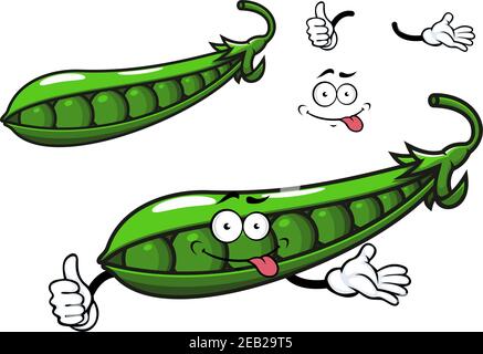 Grüne Erbse Gemüse Cartoon-Figur mit hellen frischen Bohnen in Glänzend offenes Pad für gesunde Ernährung oder Landwirtschaft Design Stock Vektor
