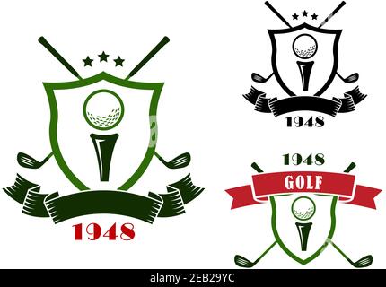 Golf-Wappen im Retro-Stil mit Schilden mit Golfbällen auf Startposition und gekreuzten Schlägern dahinter, dekorierten Sternen und Bändchen Stock Vektor