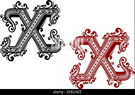 Buchstabe X in den roten und schwarzen Farben verziert durch vintage Stilisierte verschlungene Ornamente für Monogramm- oder Schriftdesign Stock Vektor